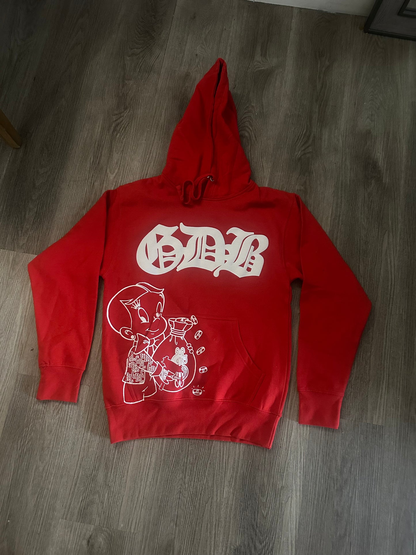 Red with white GDB print hoodie